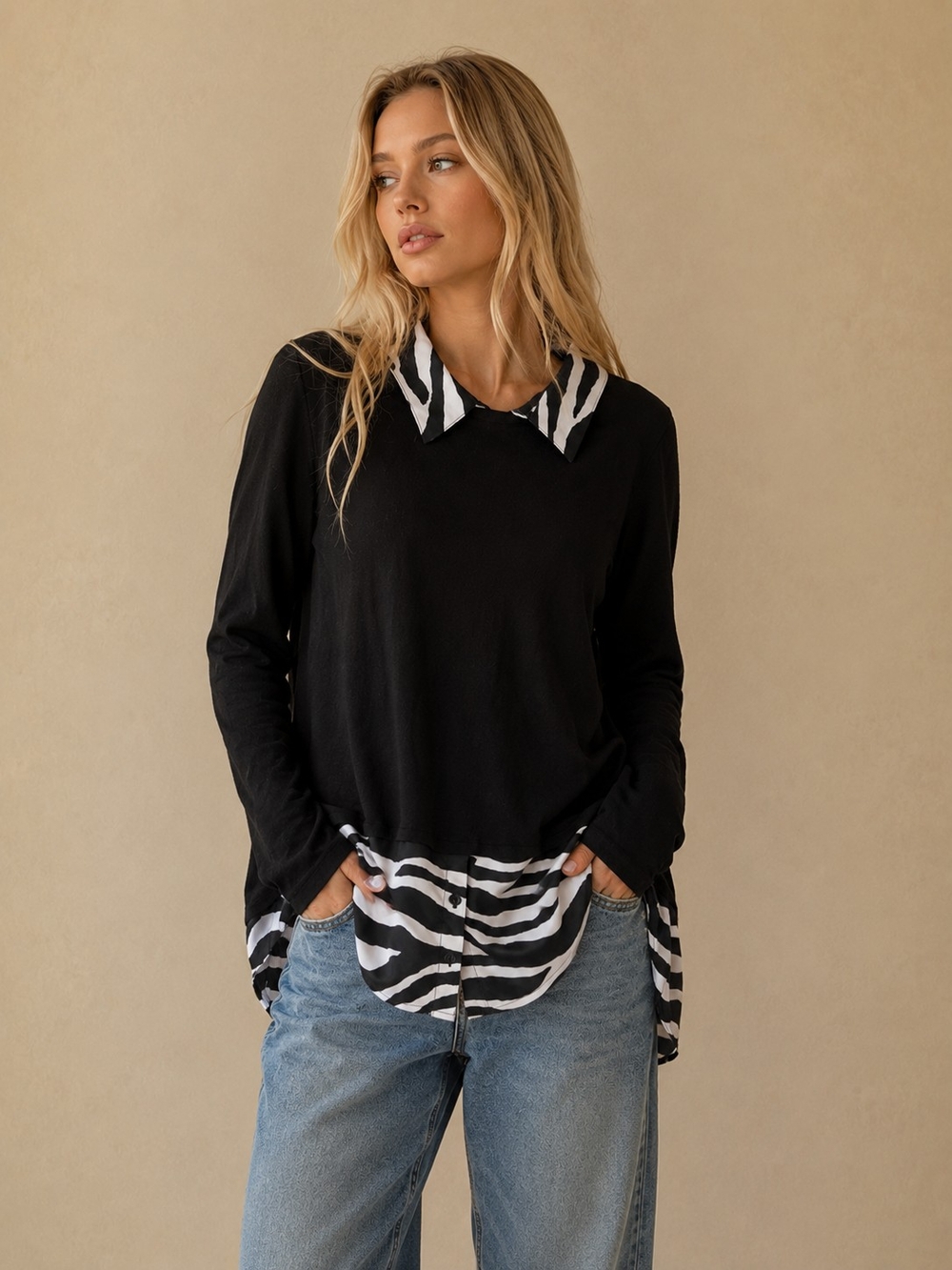 Chico's Womens Size 6 (Small) Black Zebra Print Layered Long Sleeve Blouse Top